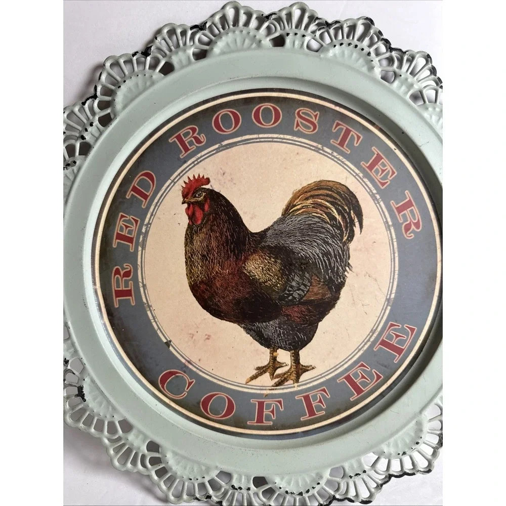 Chicken Metal‎ Wall Plate Red Laced Edge-light Green Set Of 2 12 Inch Hanging